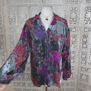 Jodifl NWT Velvet Floral Button Up Blouse Sz Small Artsy Colorful Peasant